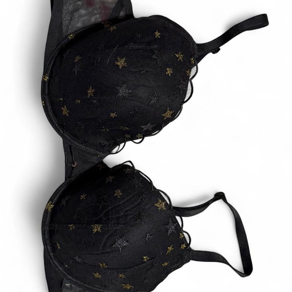 Victoria's Secret black lace bra with gold star embroidery, lined Demi size 38D